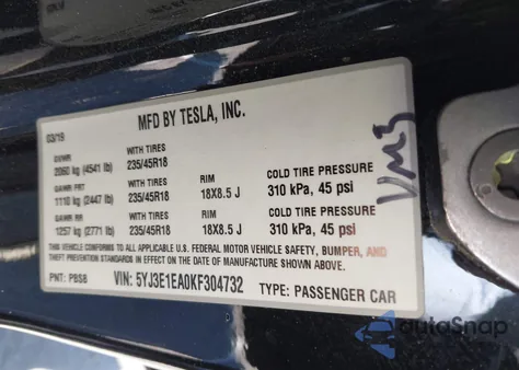 2019 Tesla Model 3 Long Range/Mid Range/Standard Range/Standard Range Plus из США, поврежденный, VIN 5YJ3E1EA0KF304732